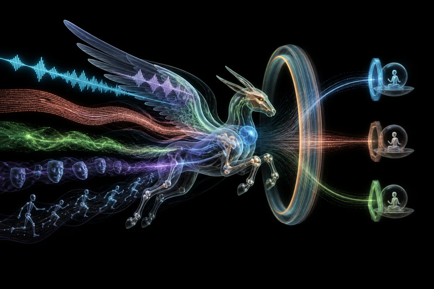 Abstract winged signal creature representing Buraq orchestrating language, speech, face, and body motion across independent clients