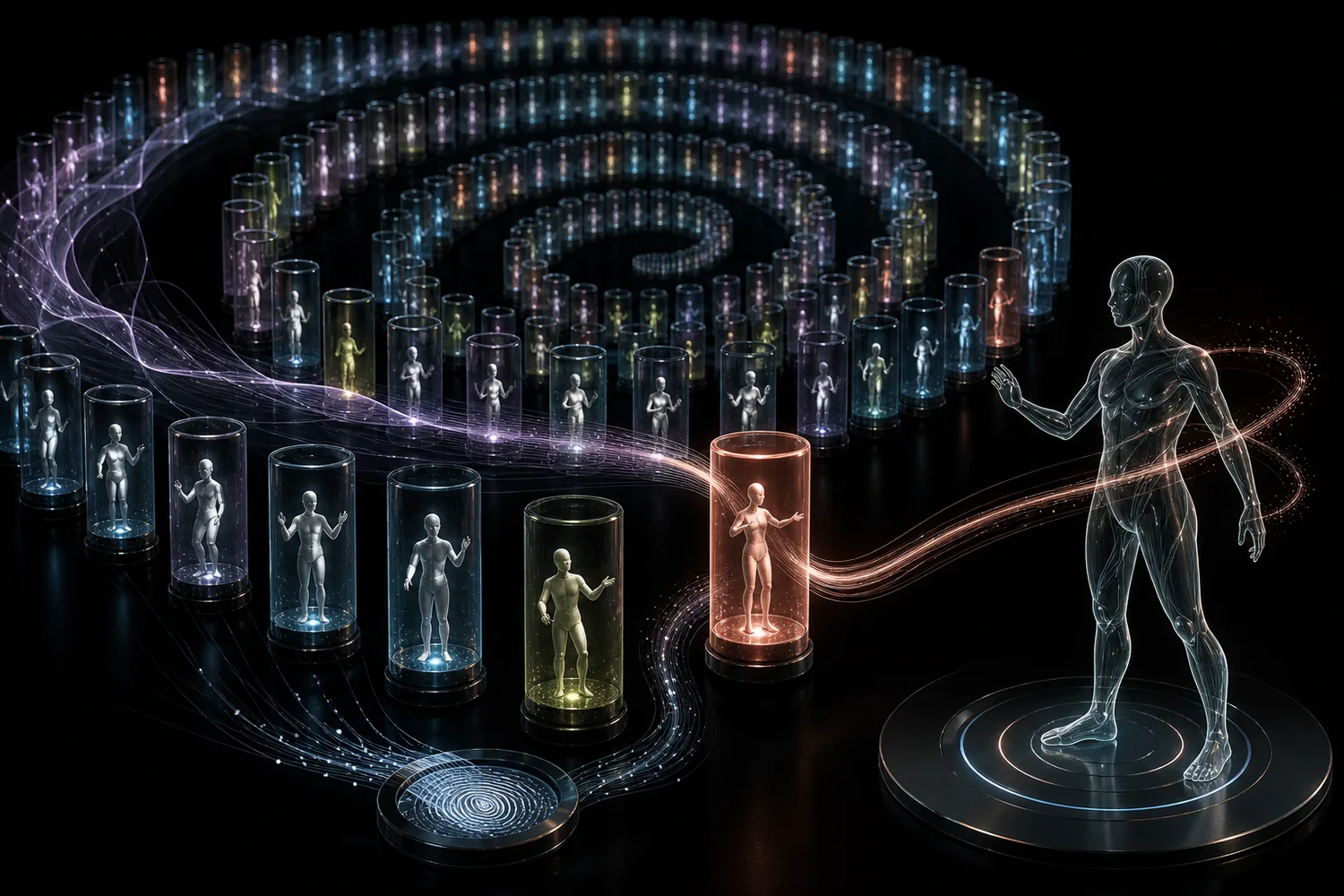 A vast spiral library of curated gesture capsules searched by language and a motion-derived speaker-style signal