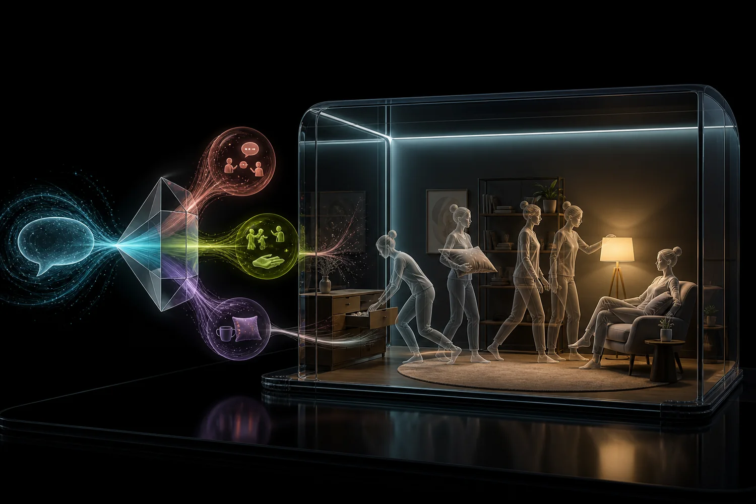 One virtual human carrying out a sequence of grounded room actions inferred from natural language context