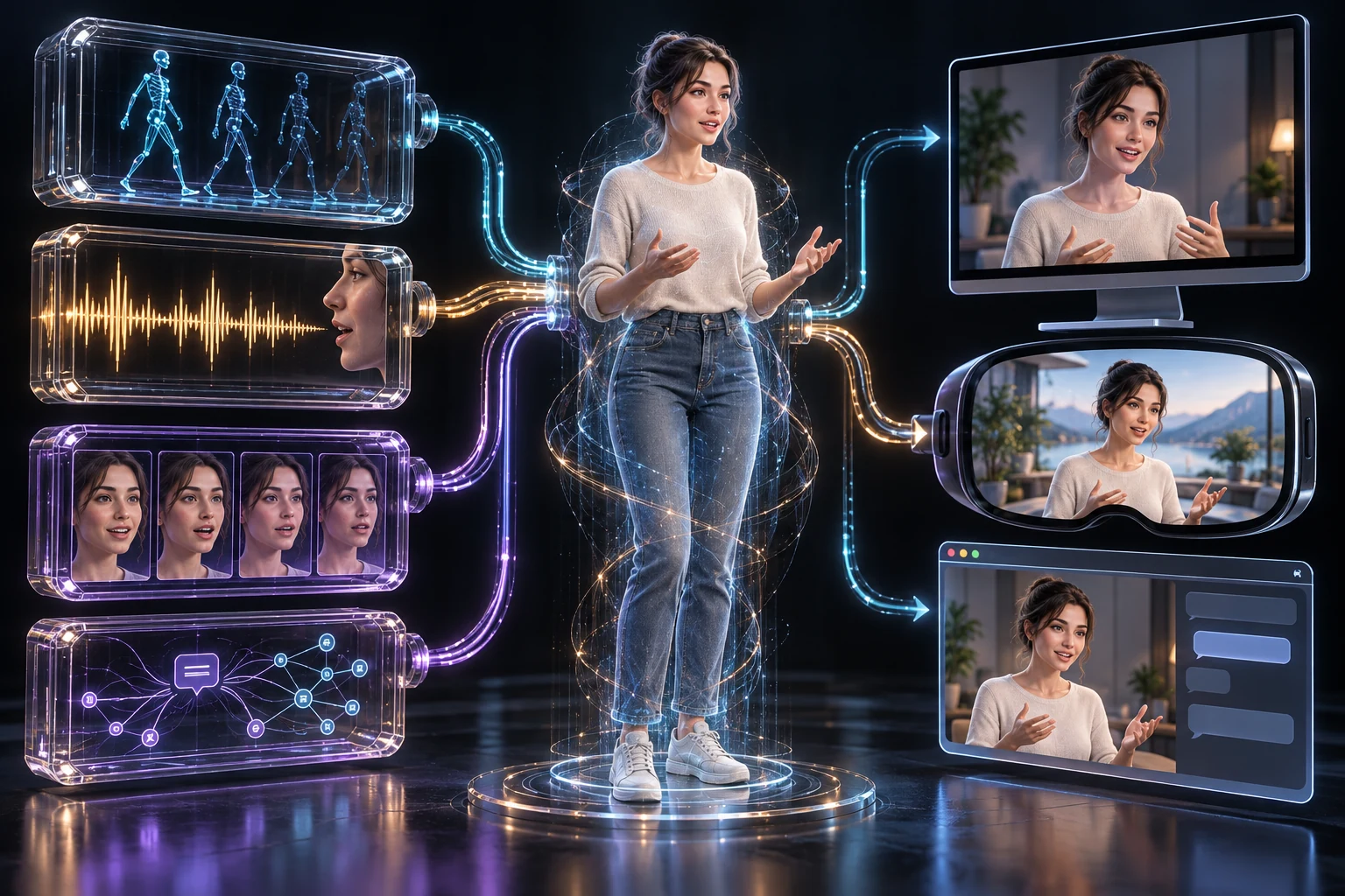 Motion, speech, face and conversation modules assemble a virtual human shared by desktop, immersive and browser clients.