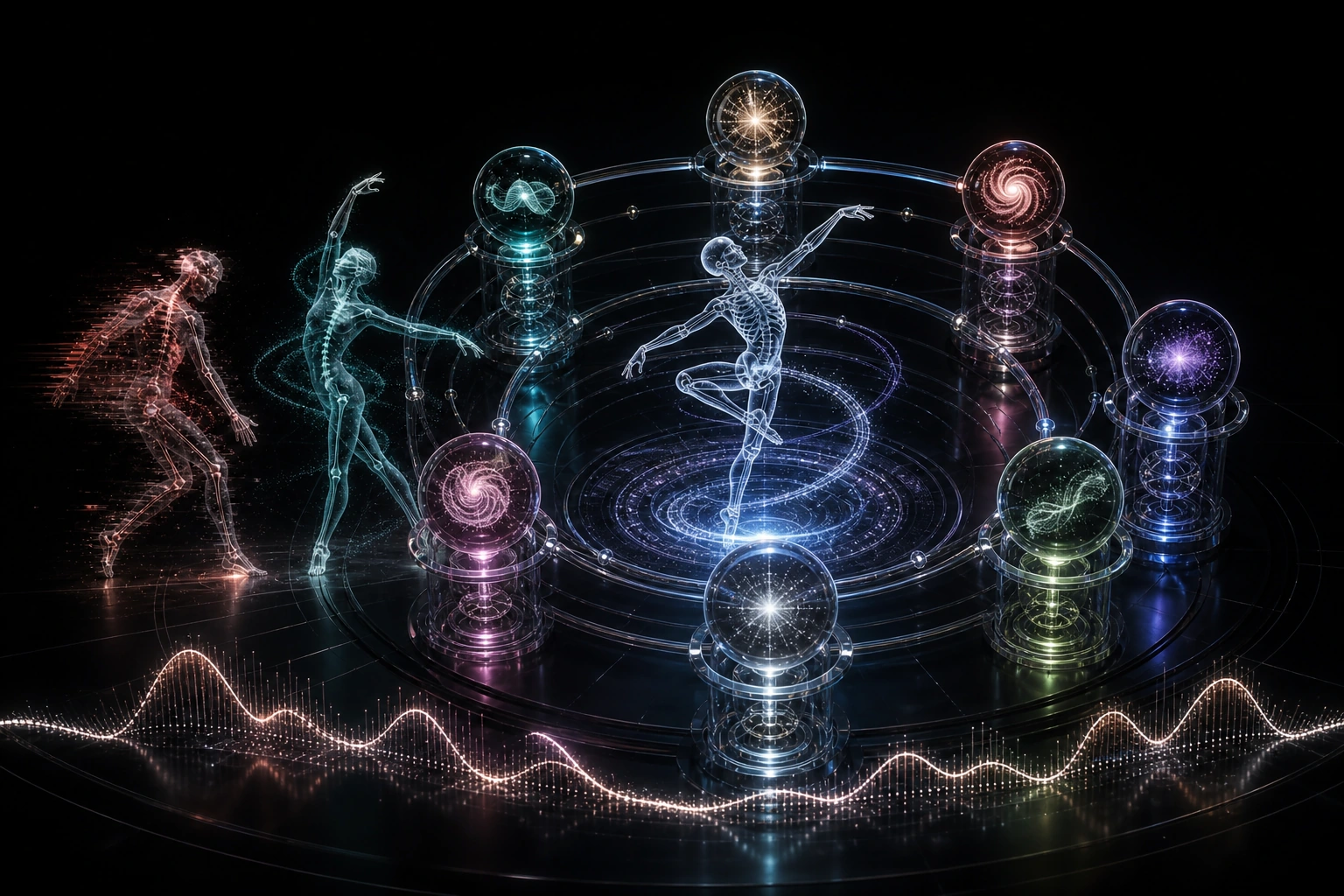 Three motion conditions flow through a glass evaluation arena with seven diagnostic dimensions and a temporal waveform
