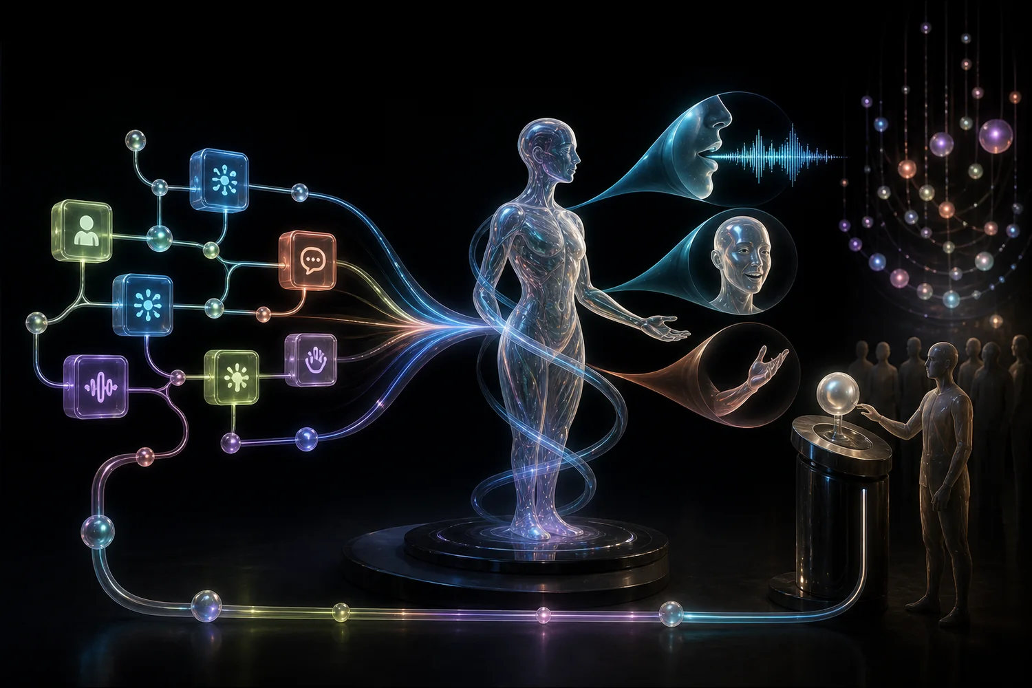 Simple conversation blocks flowing into automatically generated digital-human speech, face, and gesture