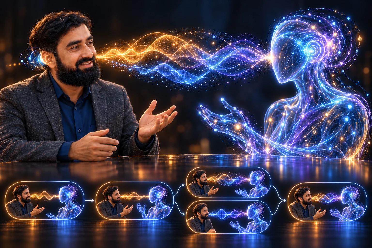 Ghazanfar Ali converses with an abstract machine persona; linked scenes show listening, backchannels, overlapping speech and resumed conversation.