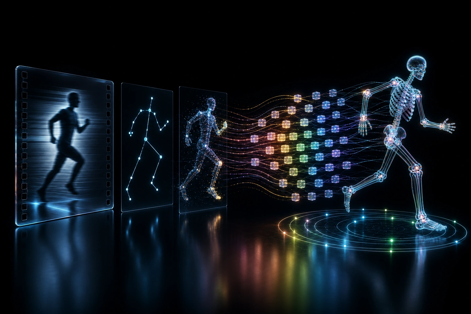 Monocular running video transformed through a 2D pose, volumetric reconstruction, motion-token field, and clean retargetable 3D skeleton