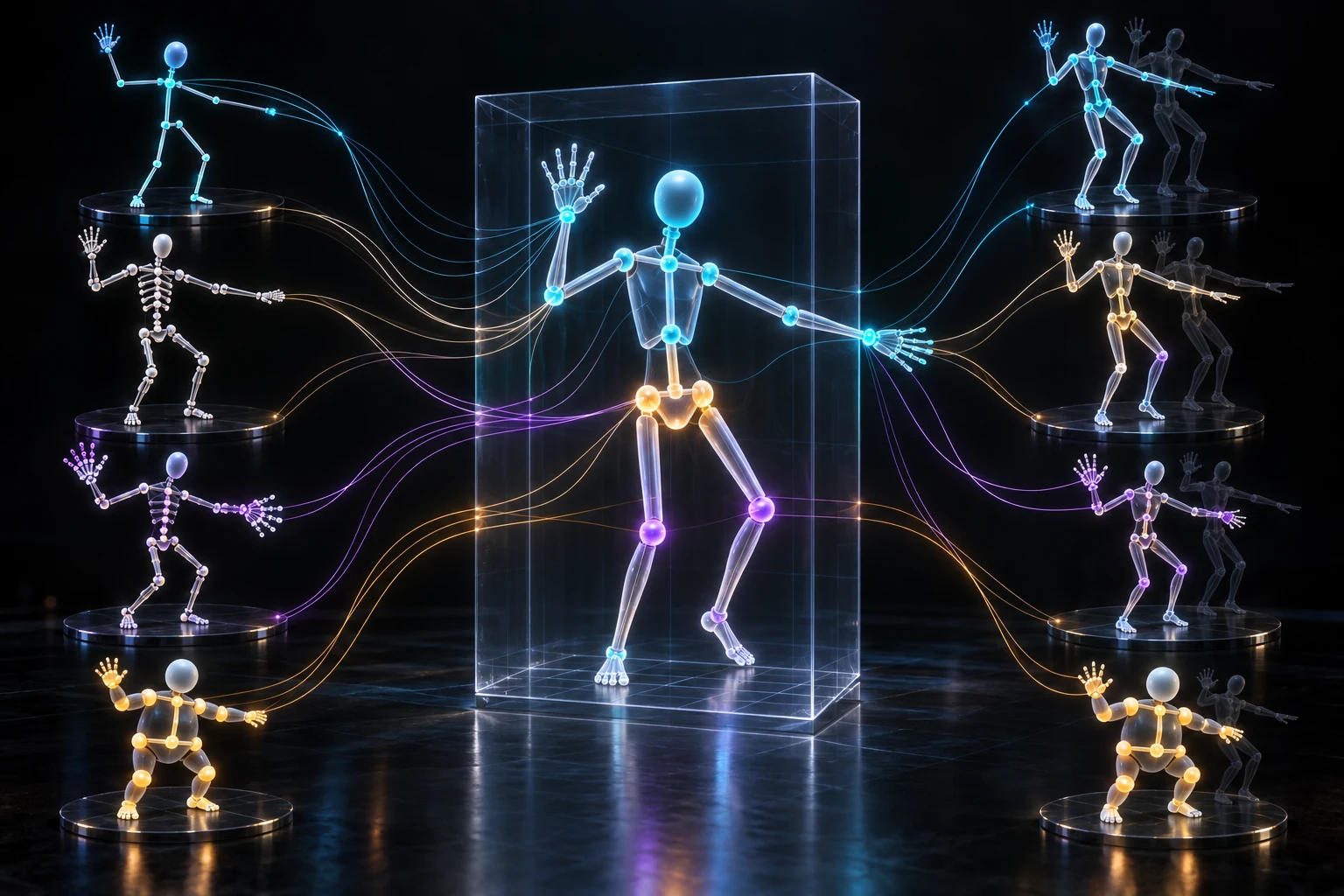 Diverse abstract rigs with different joint structures map through a shared skeleton to preserve the same movement across bodies.