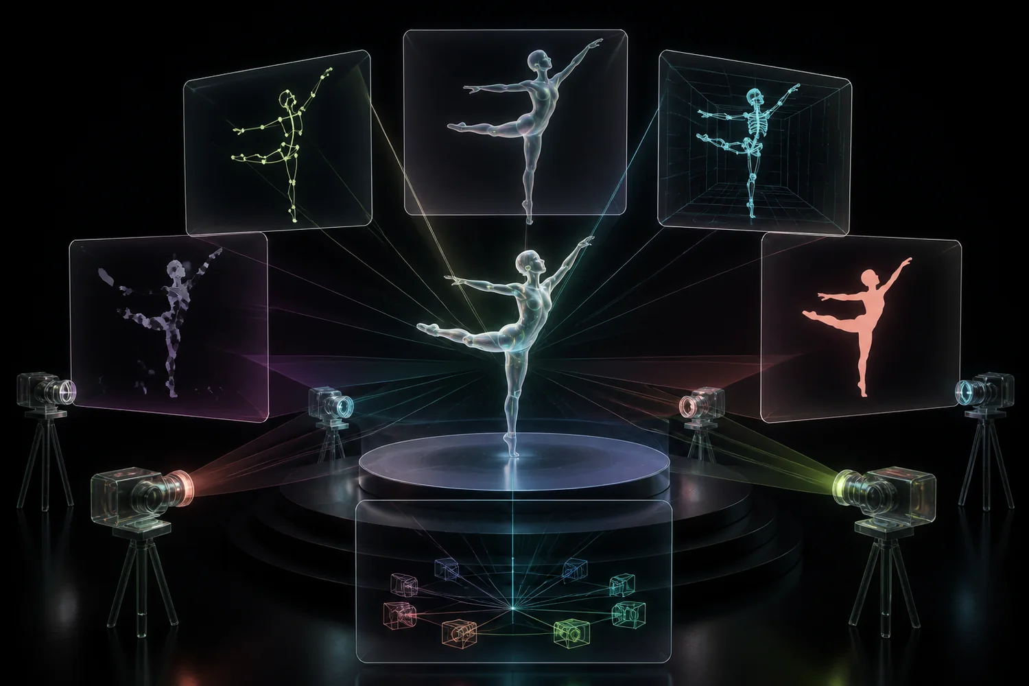 A synthetic performer surrounded by cameras generating video, exact joints, masks, occlusions, and camera geometry