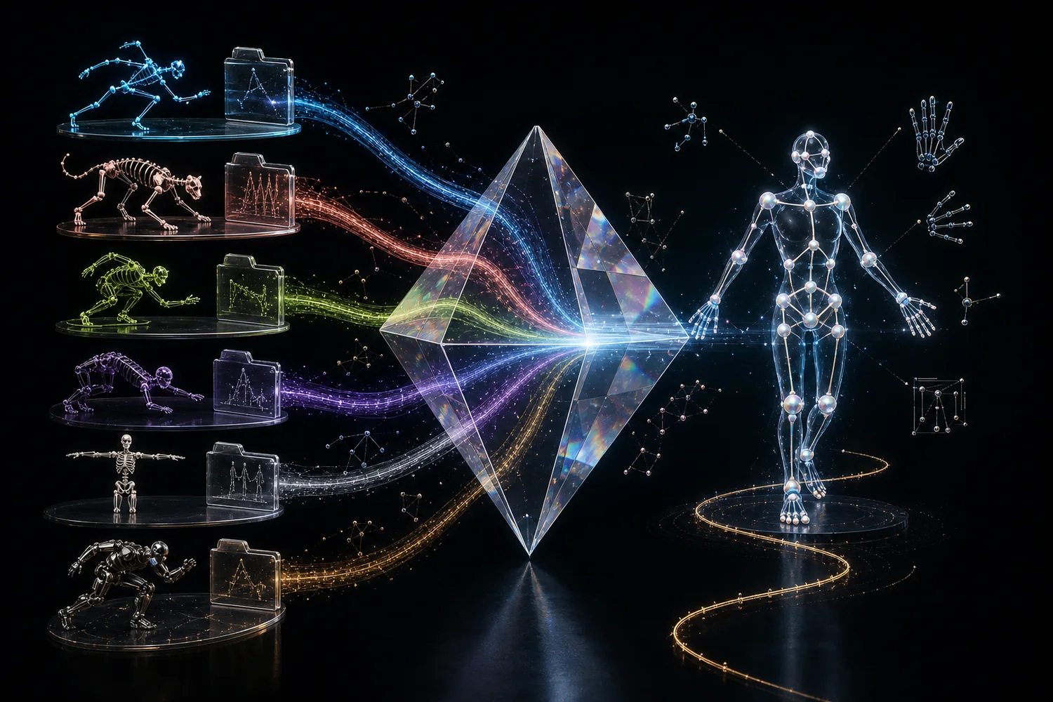 Multiple motion datasets converging through a crystalline calibration system into a shared joint space