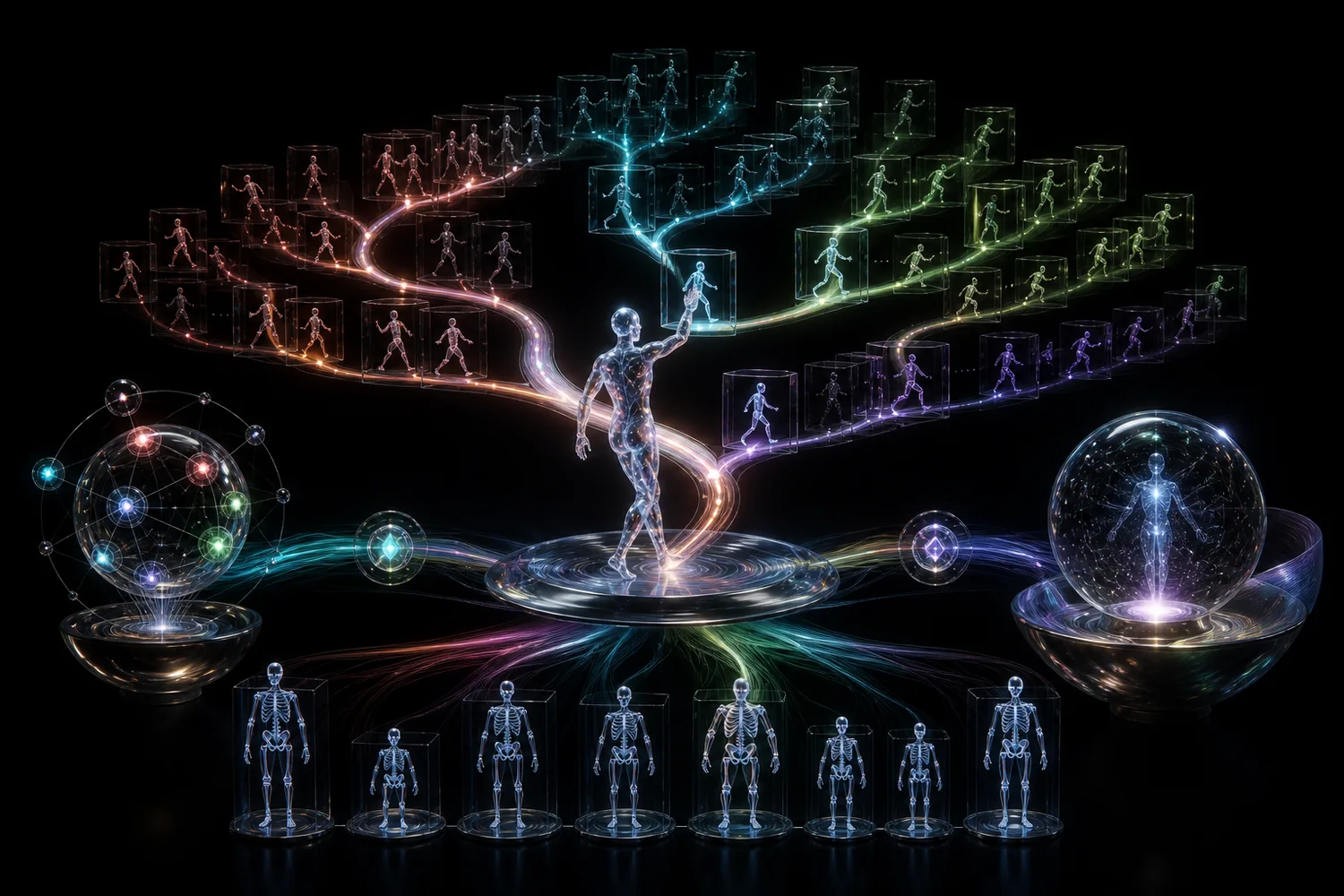 A figure selecting future motion frames from semantic, kinematic, and persona signals while different skeletons retain one signature