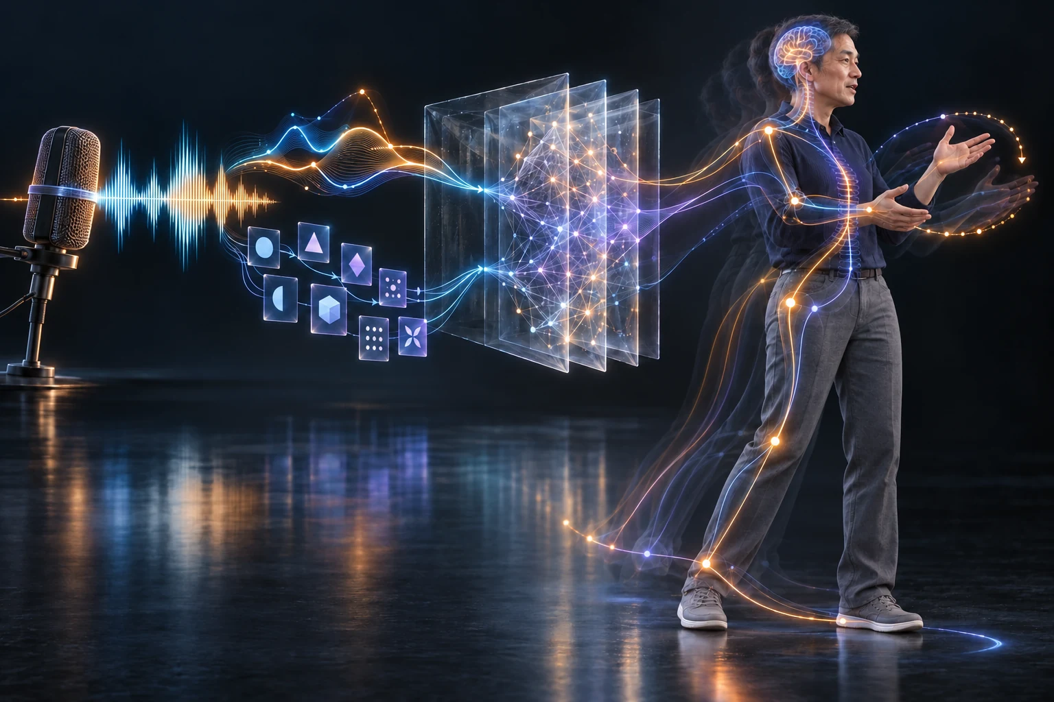 Microphone input separates into acoustic contours and semantic representations that condition expressive body movement.