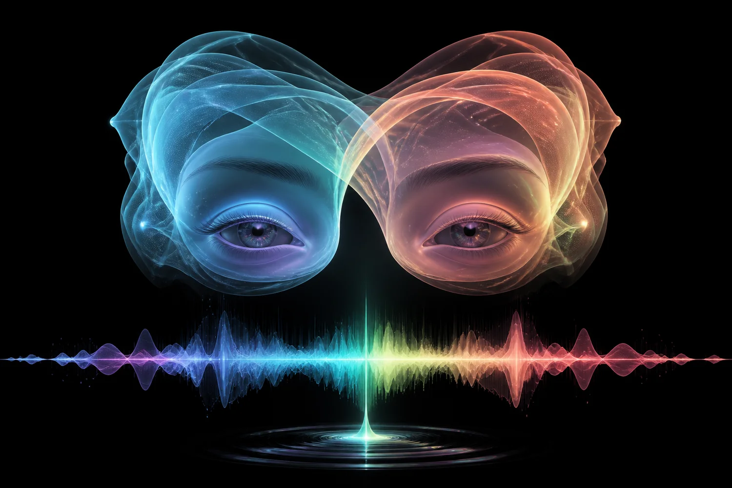 Translucent eyes and brows composed from speech, emotion, and liveness signals