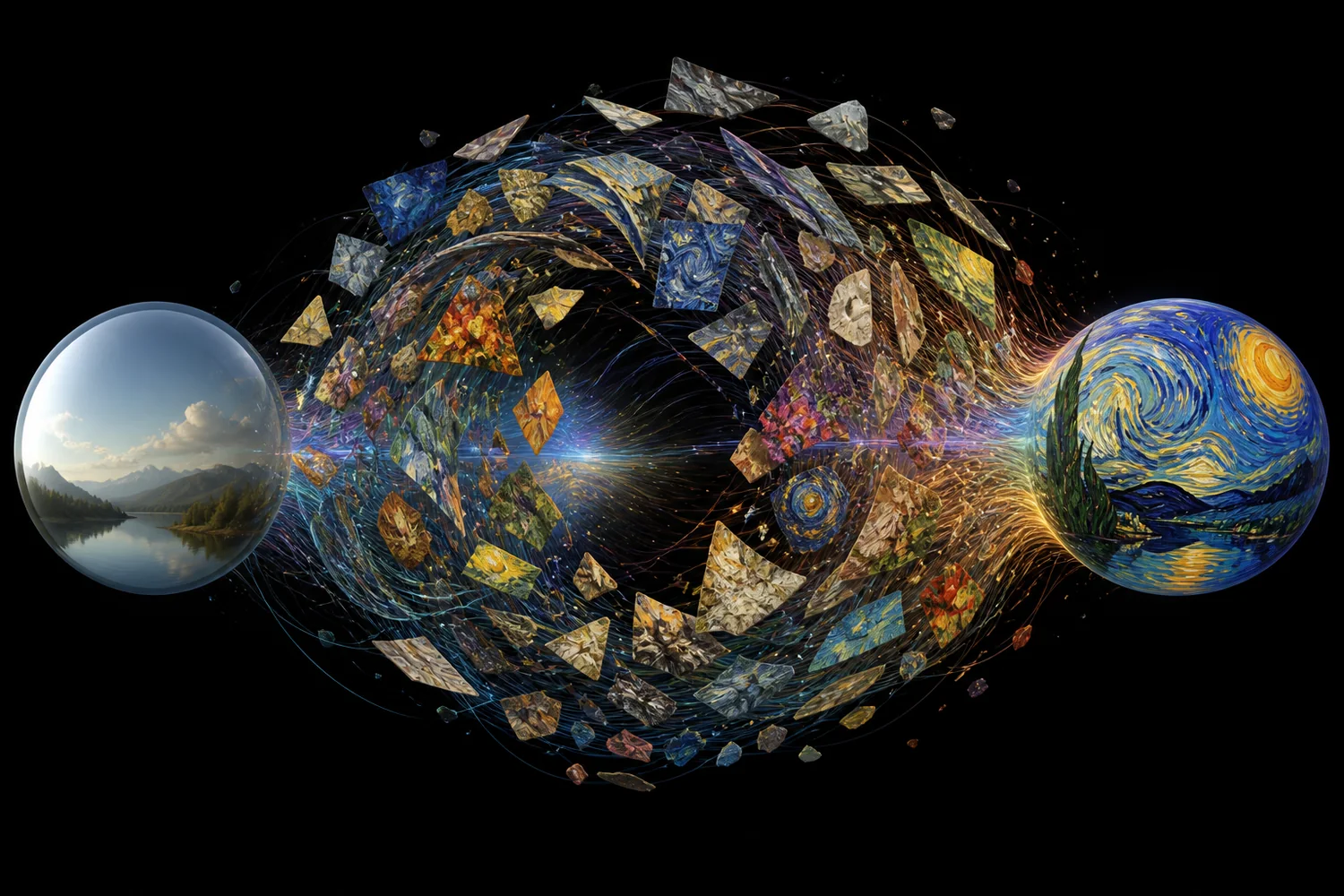 A plain scene transformed through a broad orbit of artist-level style examples rather than one copied painting