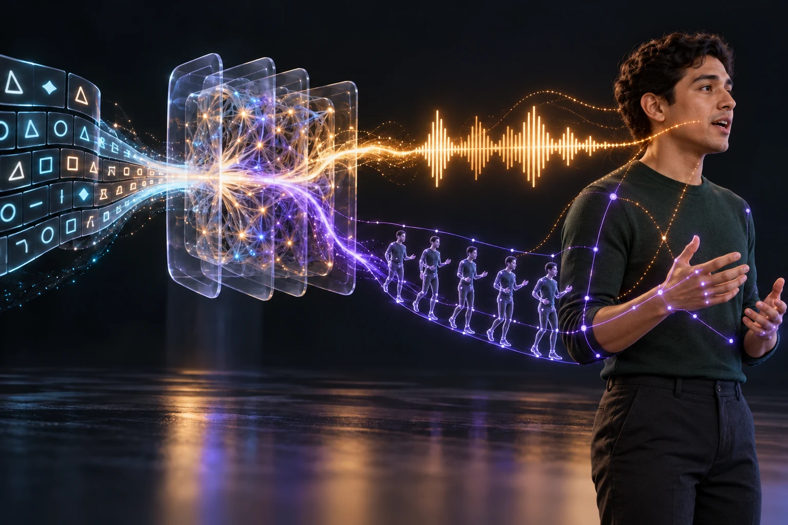 Symbolic input passes through shared speech-synthesis layers and branches into voice and coordinated body motion.